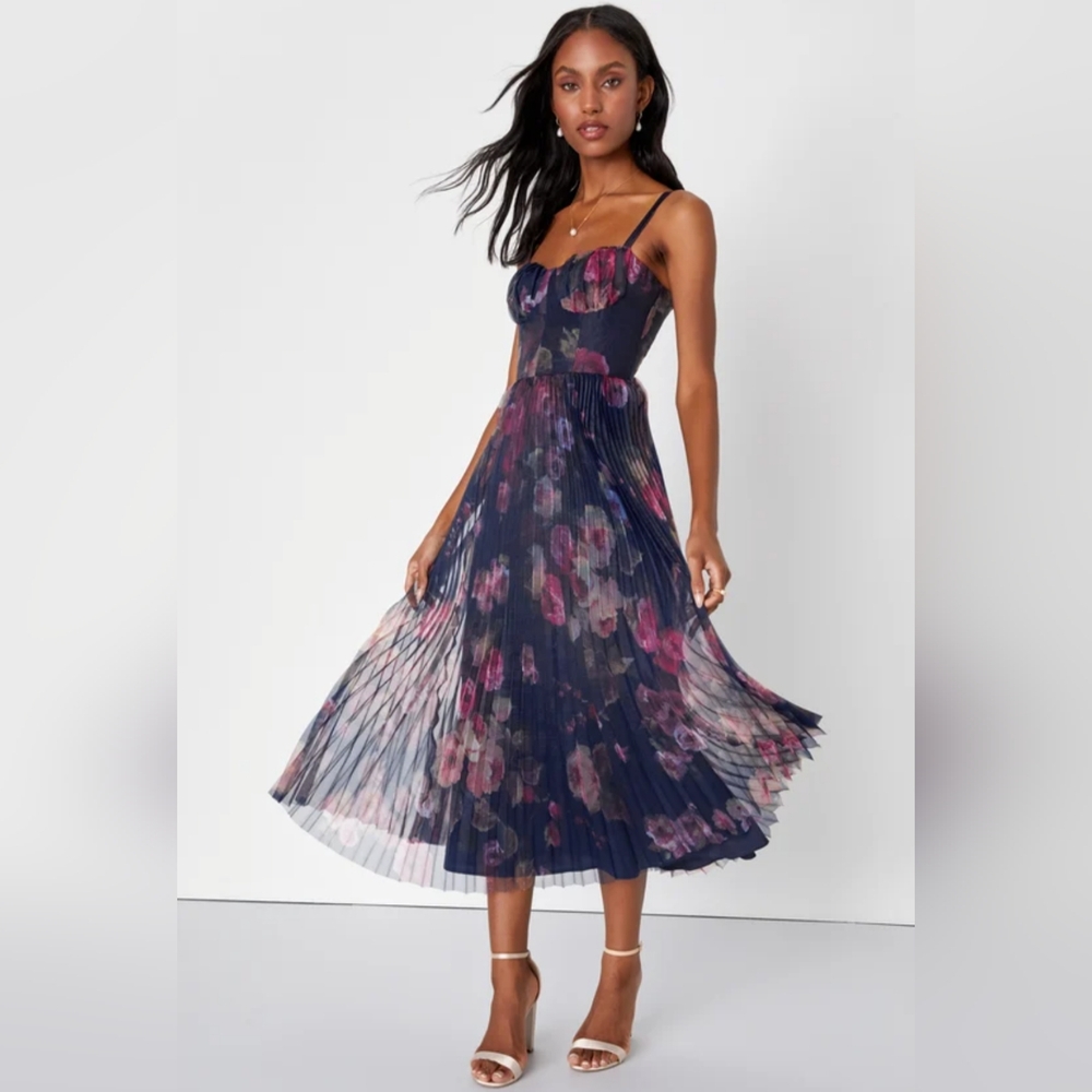 NWOT Lulu's Midnight Blue Floral Pleated Bustier Midi Dress Size XL